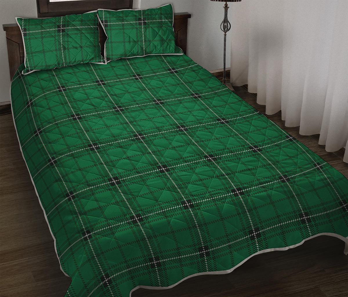 Green Stewart Tartan Print Quilt Bed Set