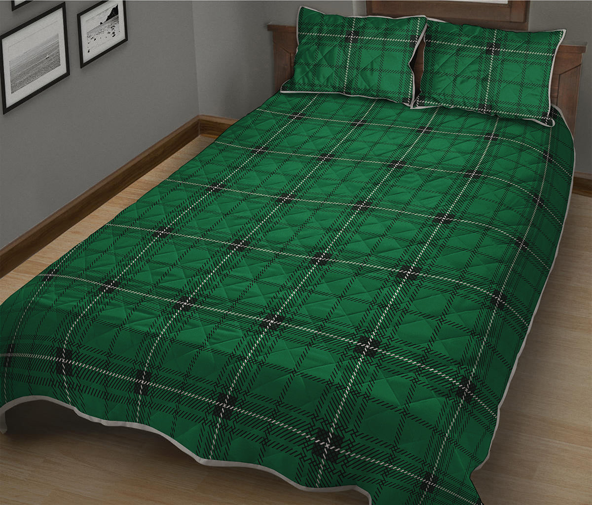 Green Stewart Tartan Print Quilt Bed Set