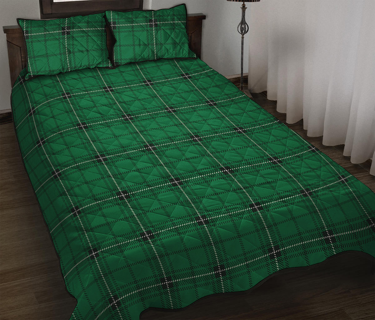 Green Stewart Tartan Print Quilt Bed Set