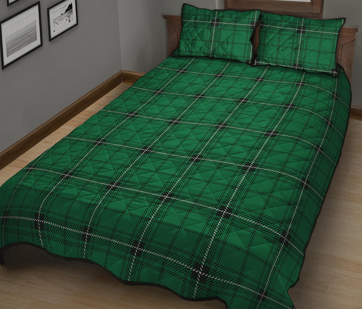 Green Stewart Tartan Print Quilt Bed Set
