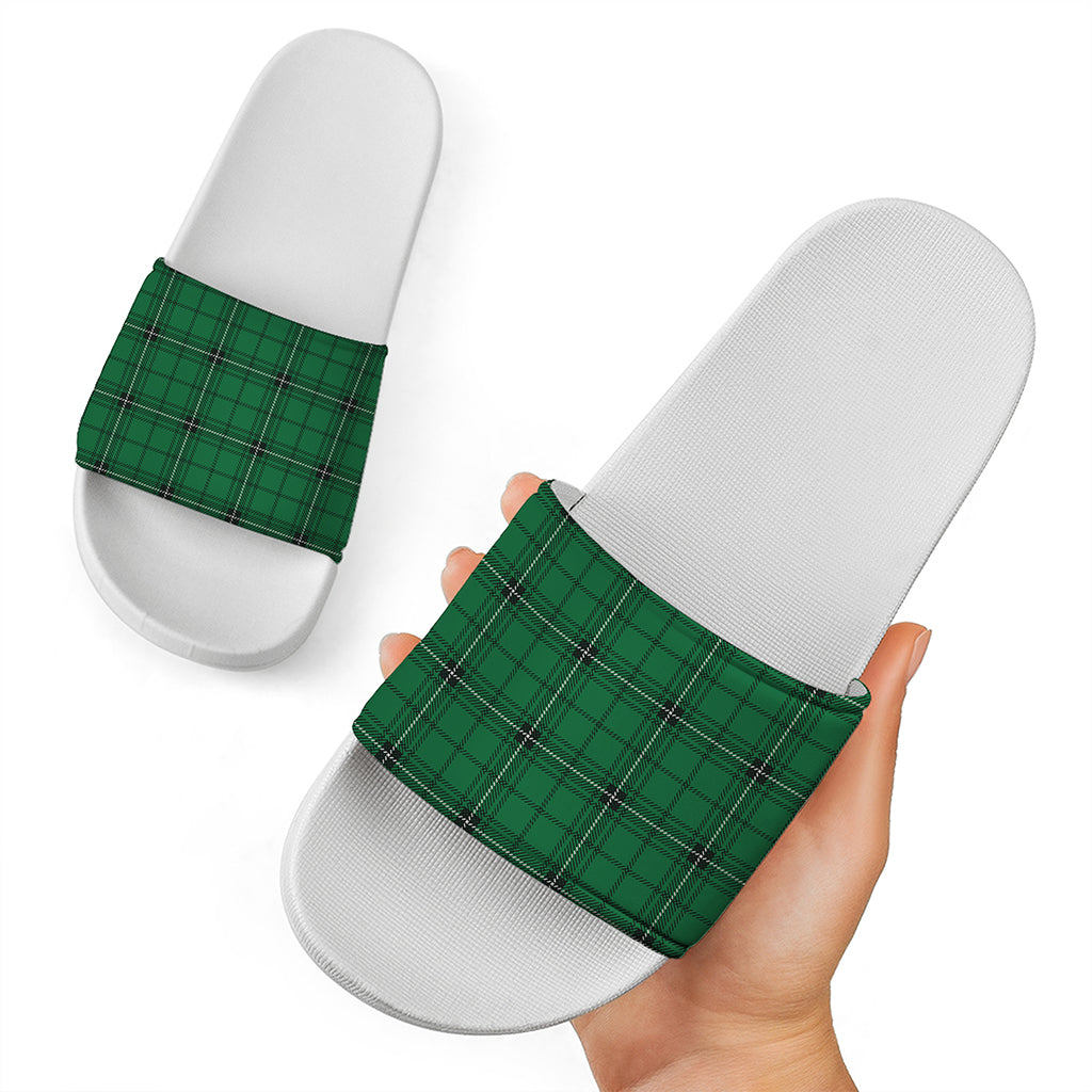 Green Stewart Tartan Print White Slide Sandals