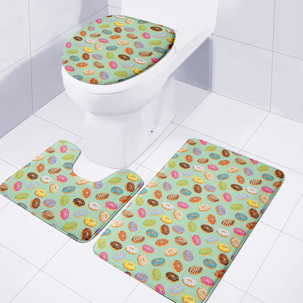 Green Striped Donut Pattern Print 3 Piece Bath Mat Set