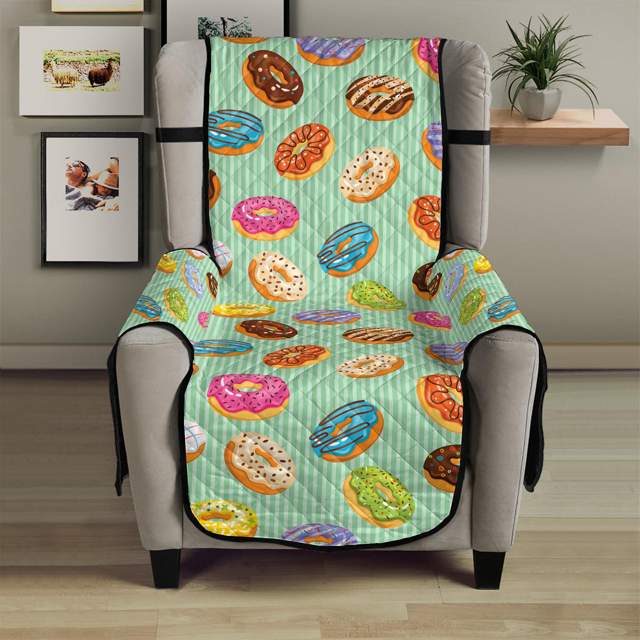 Green Striped Donut Pattern Print Armchair Protector