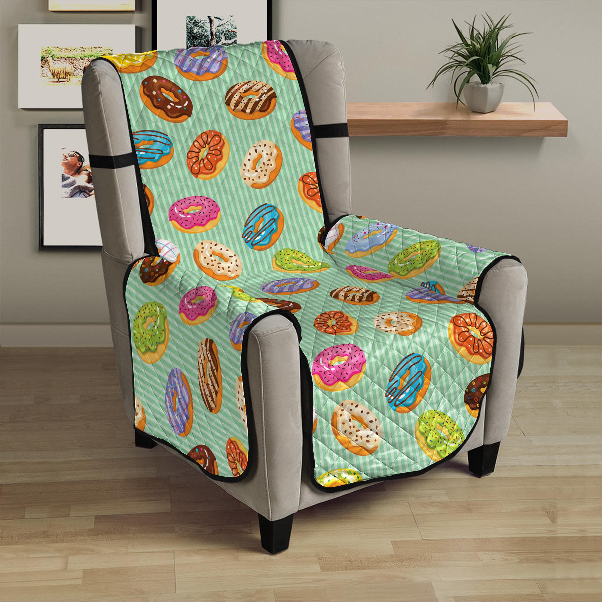 Green Striped Donut Pattern Print Armchair Protector