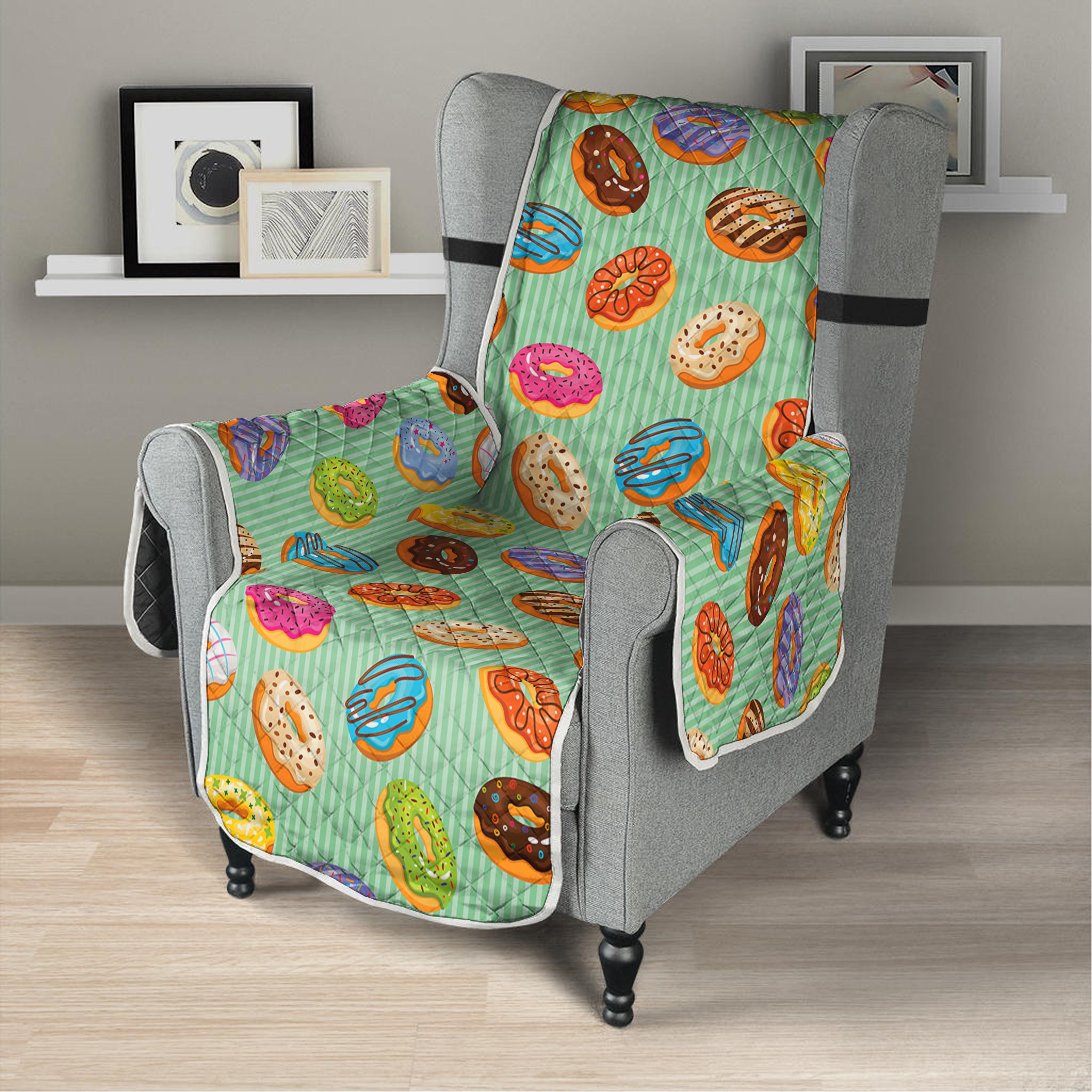 Green Striped Donut Pattern Print Armchair Protector