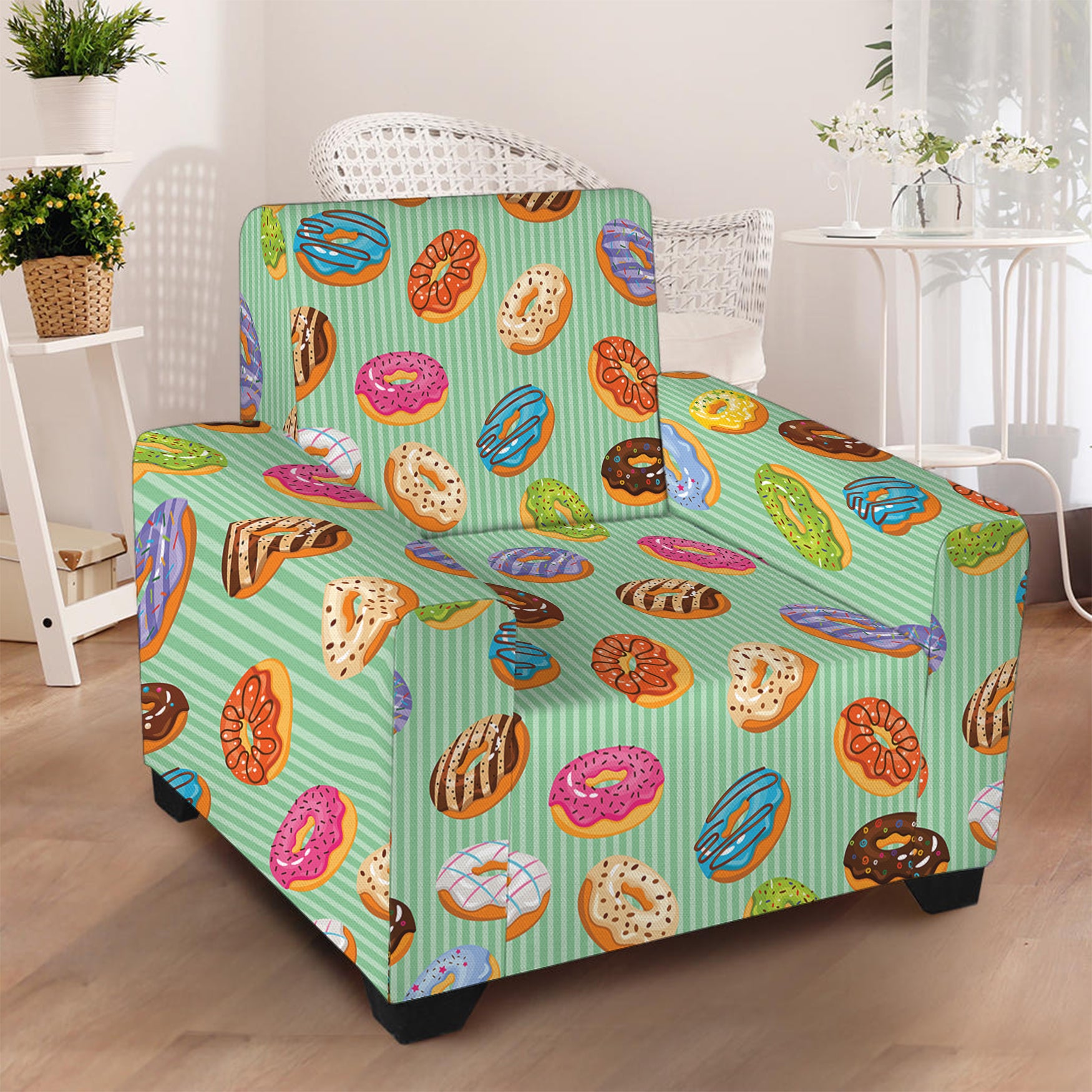 Green Striped Donut Pattern Print Armchair Slipcover