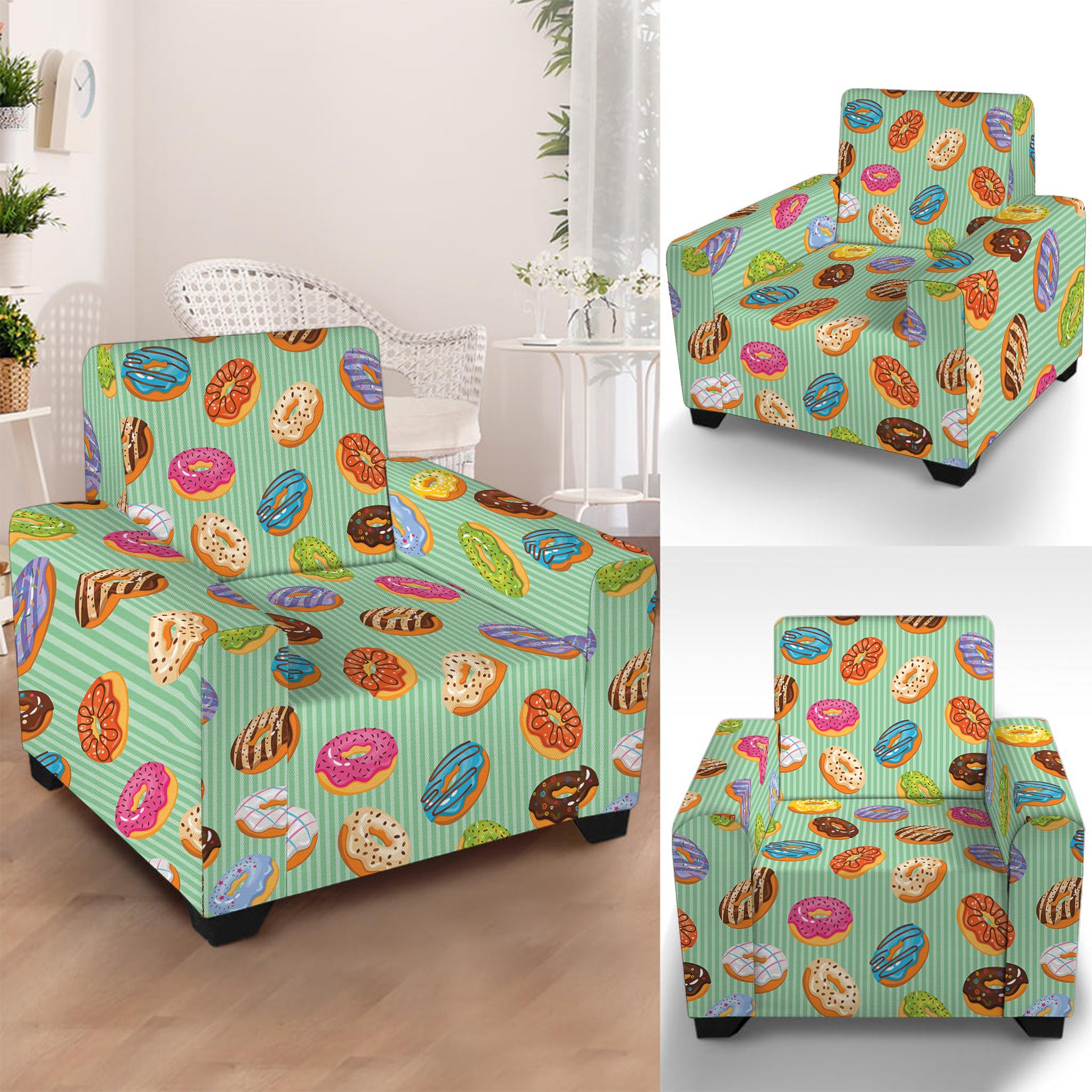 Green Striped Donut Pattern Print Armchair Slipcover