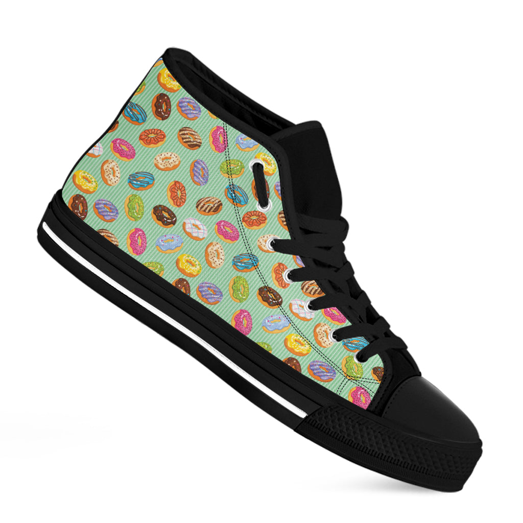 Green Striped Donut Pattern Print Black High Top Shoes