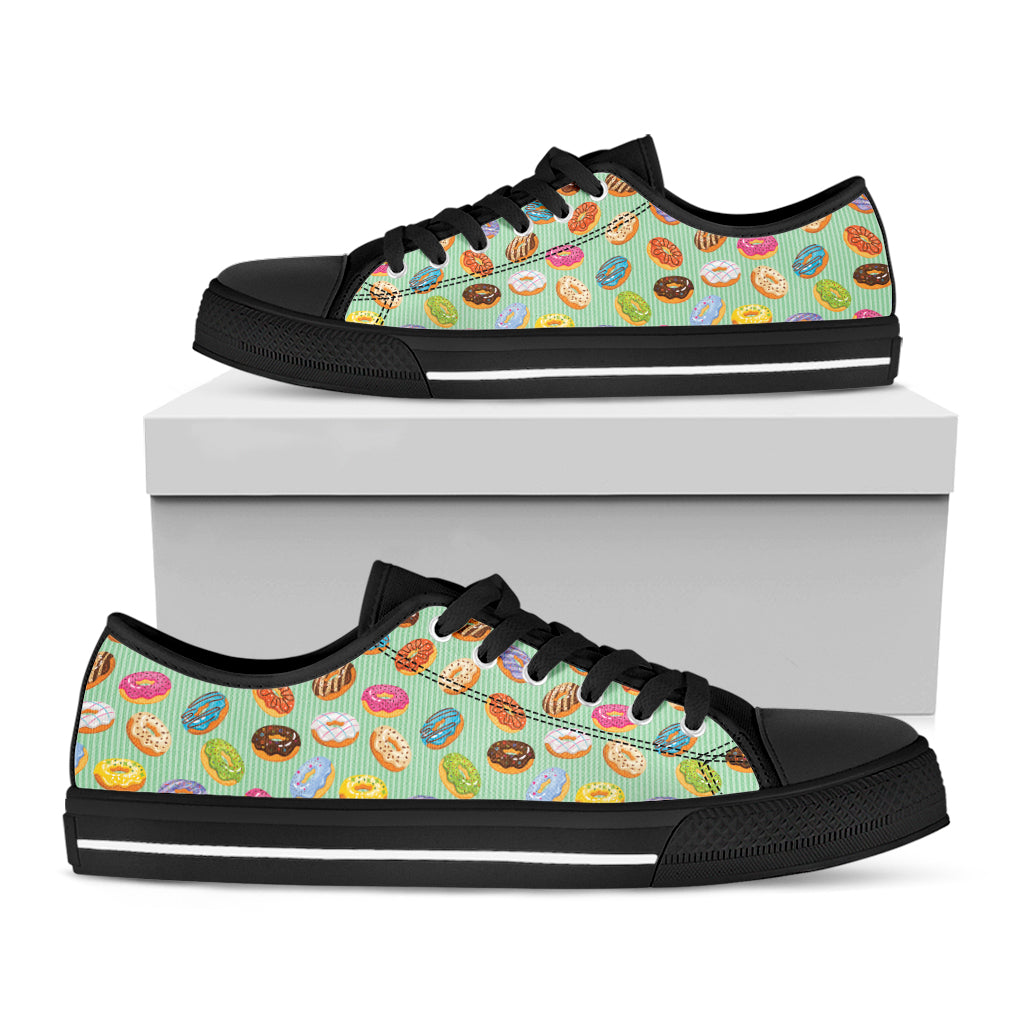 Green Striped Donut Pattern Print Black Low Top Shoes