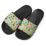 Green Striped Donut Pattern Print Black Slide Sandals