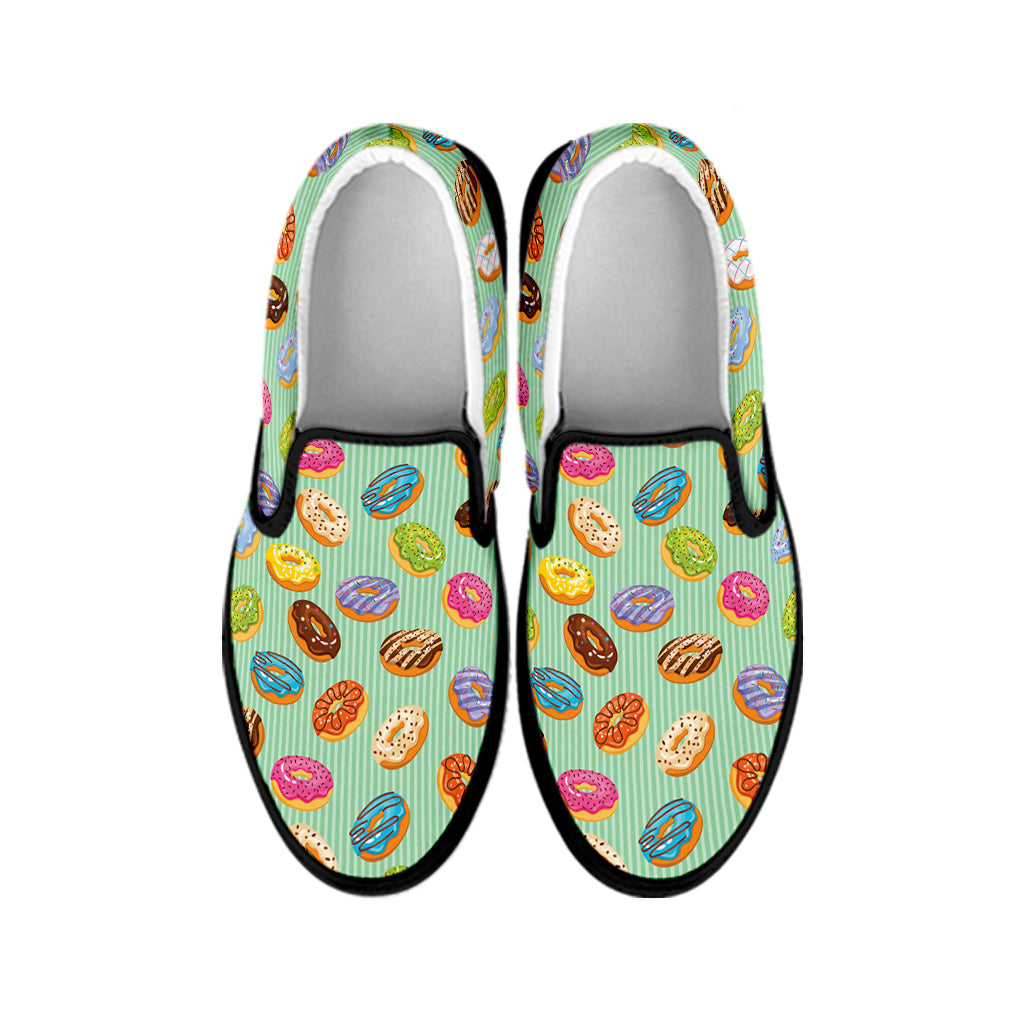 Green Striped Donut Pattern Print Black Slip On Shoes