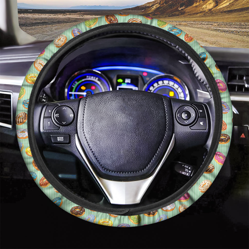 Green Striped Donut Pattern Print Car Steering Wheel Cover