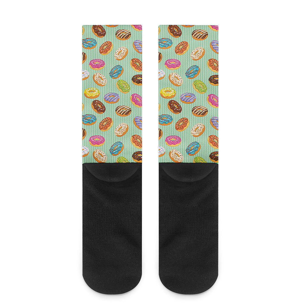 Green Striped Donut Pattern Print Crew Socks