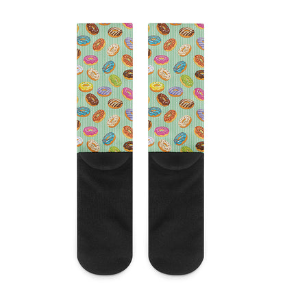 Green Striped Donut Pattern Print Crew Socks