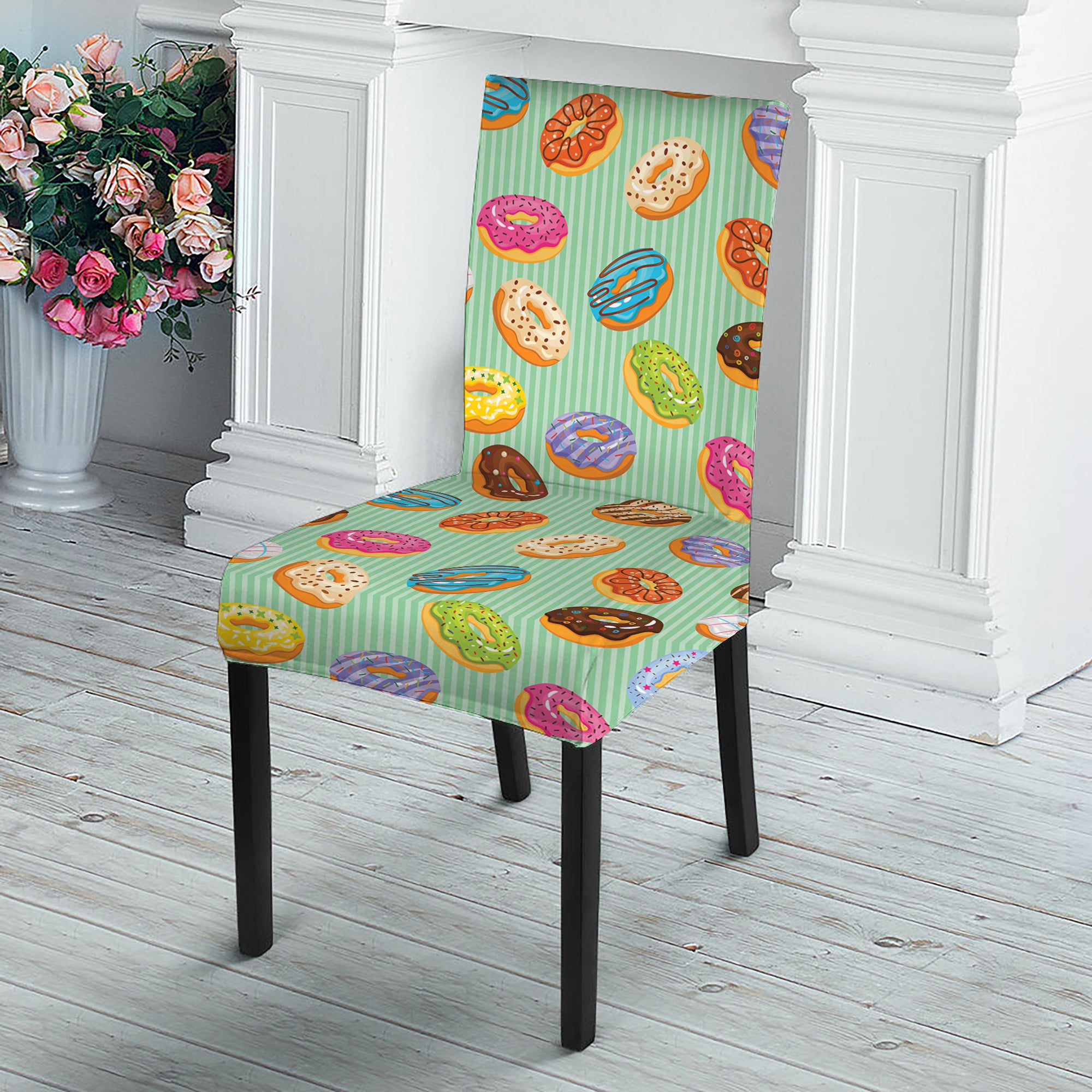 Green Striped Donut Pattern Print Dining Chair Slipcover