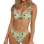 Green Striped Donut Pattern Print Front Bow Tie Bikini