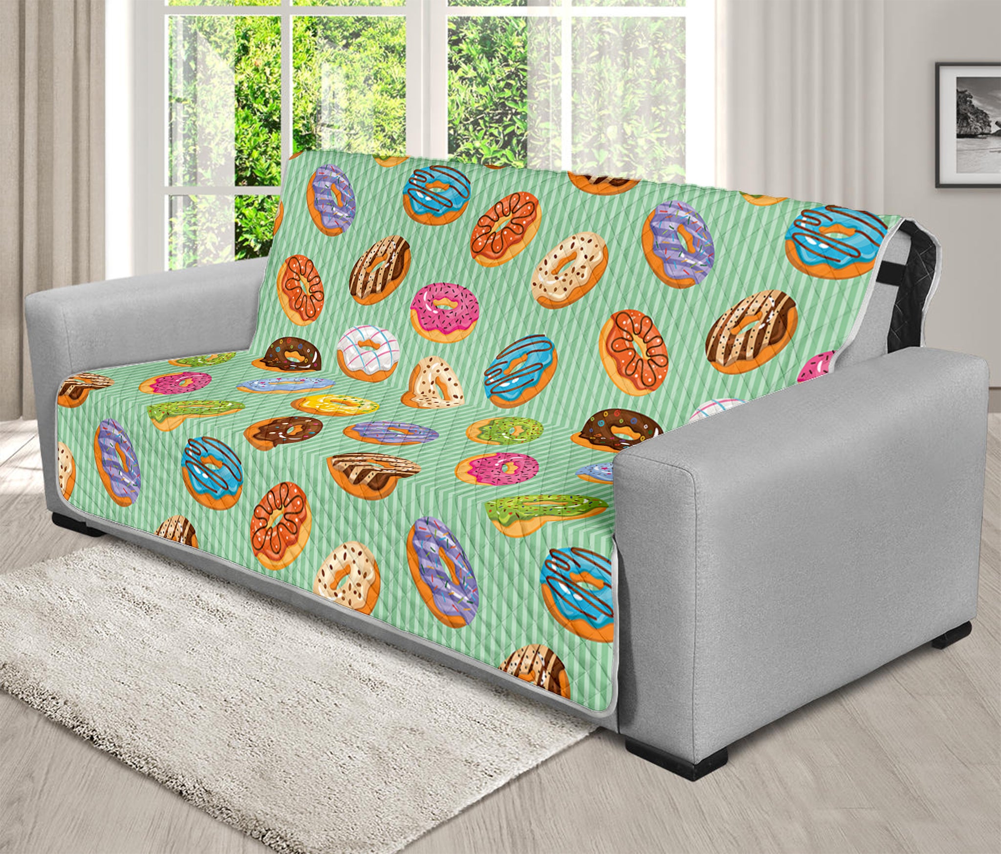 Green Striped Donut Pattern Print Futon Protector