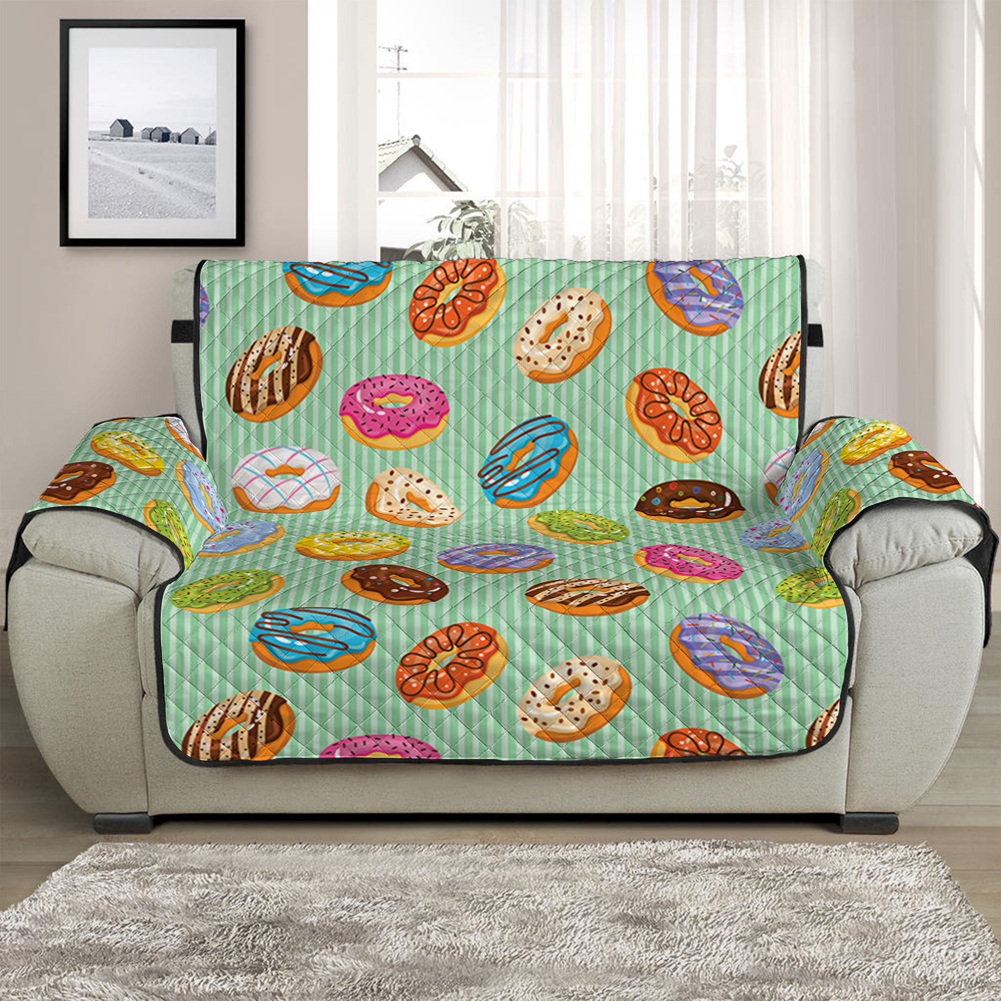 Green Striped Donut Pattern Print Half Sofa Protector