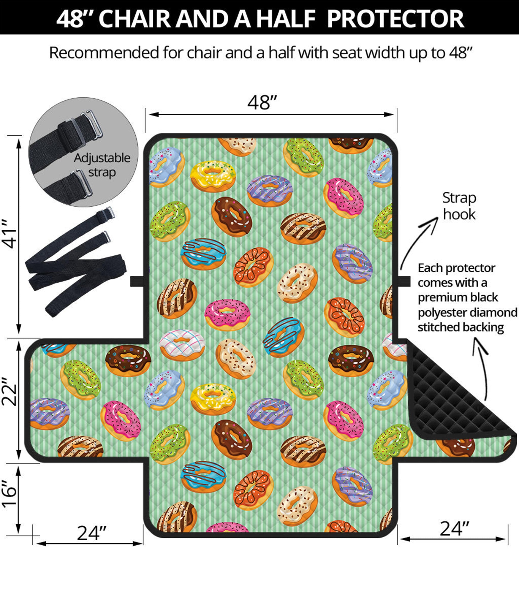 Green Striped Donut Pattern Print Half Sofa Protector