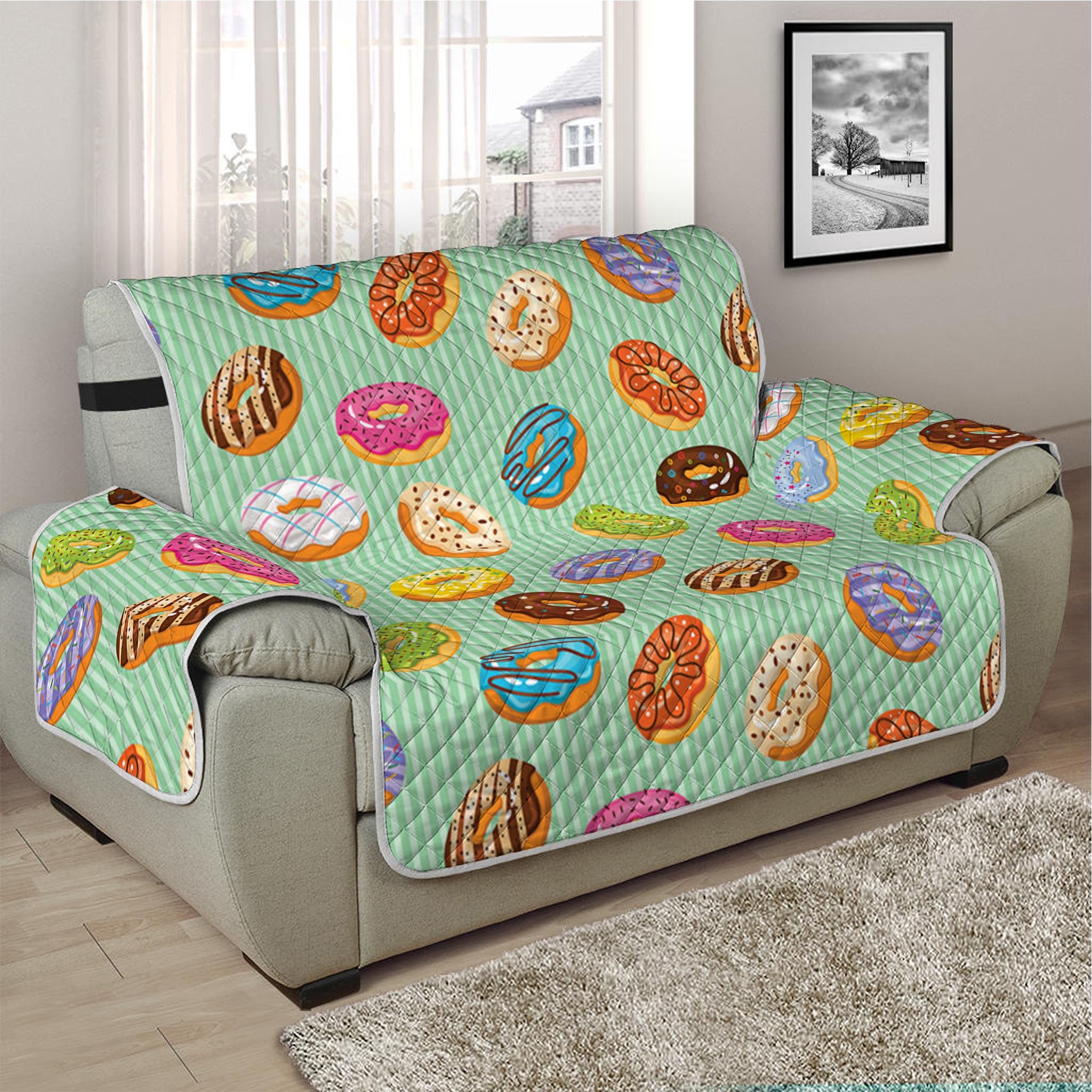 Green Striped Donut Pattern Print Half Sofa Protector