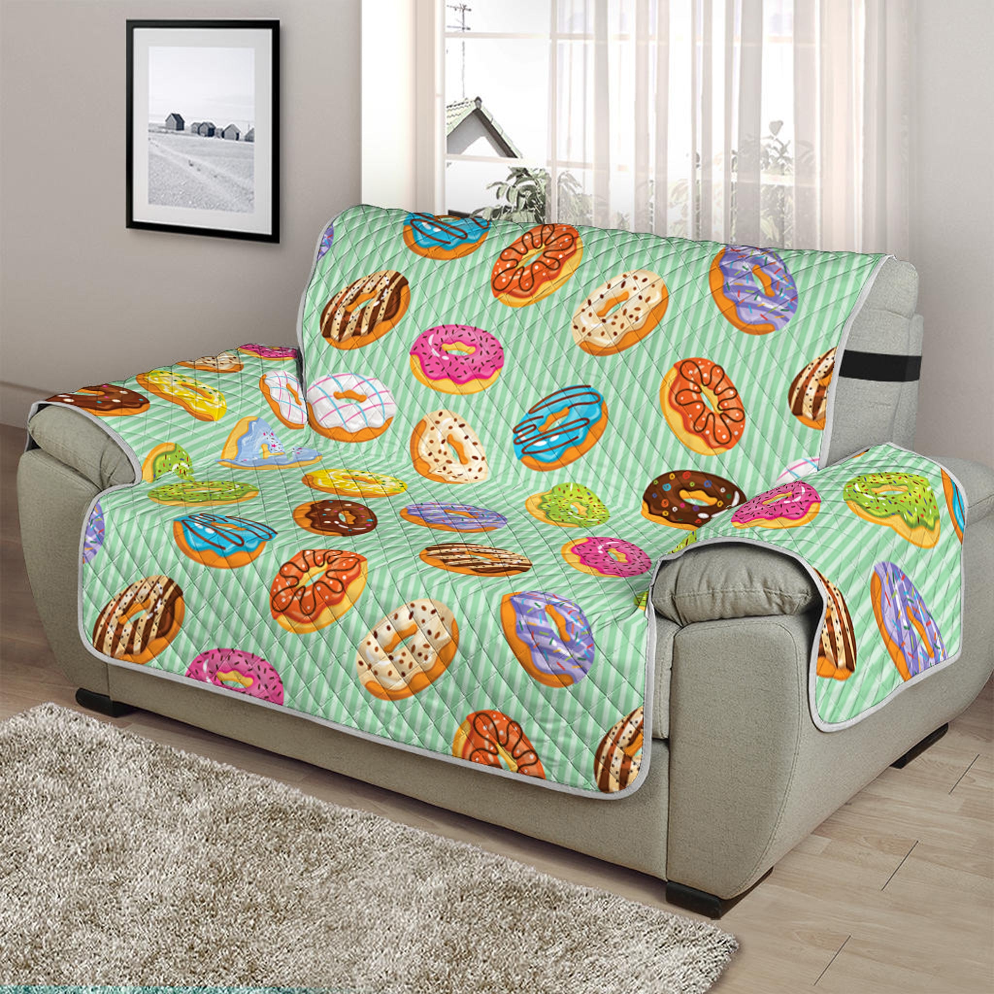 Green Striped Donut Pattern Print Half Sofa Protector