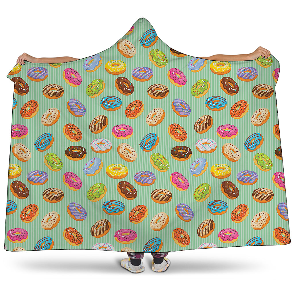 Green Striped Donut Pattern Print Hooded Blanket