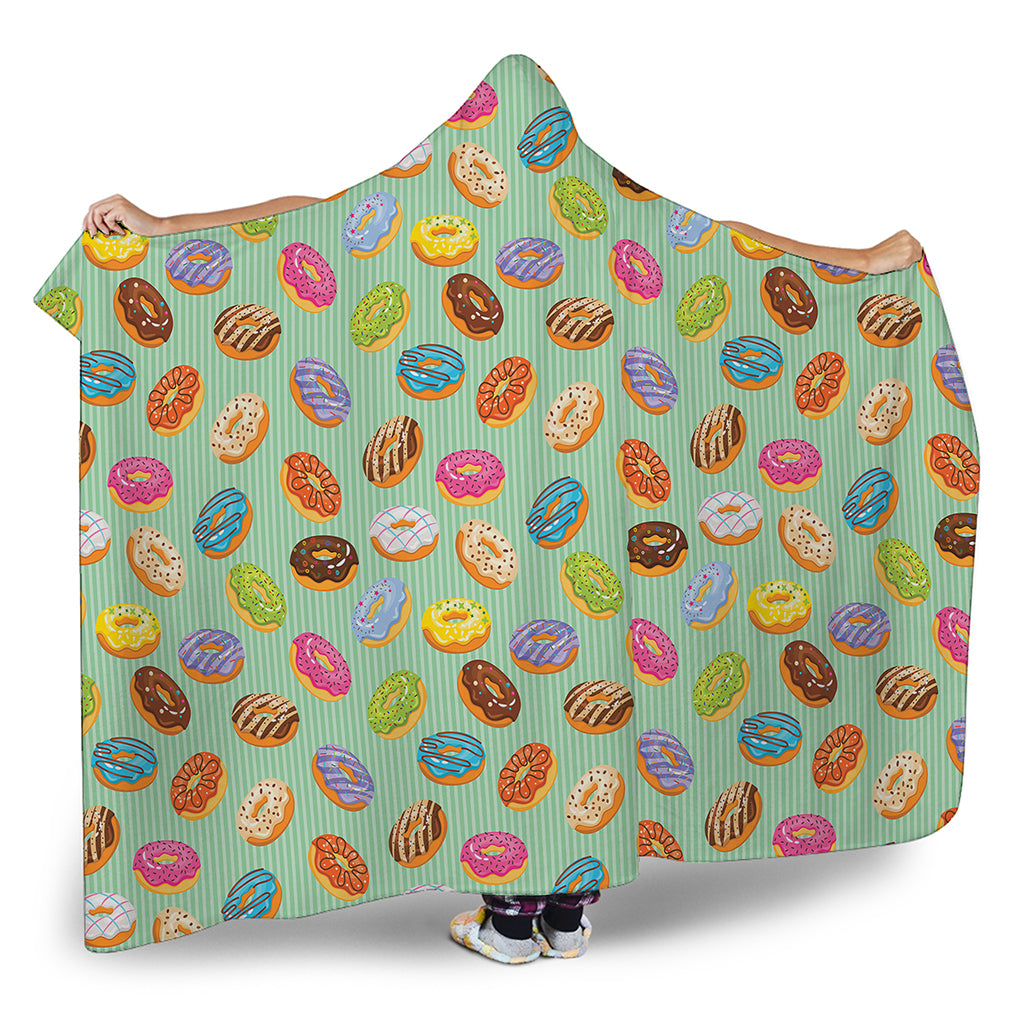 Green Striped Donut Pattern Print Hooded Blanket