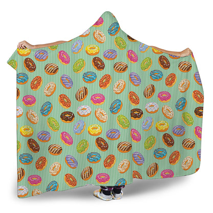 Green Striped Donut Pattern Print Hooded Blanket
