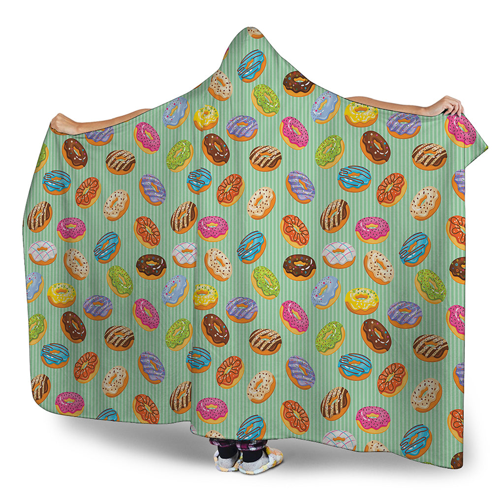 Green Striped Donut Pattern Print Hooded Blanket