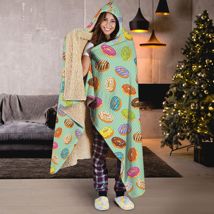 Green Striped Donut Pattern Print Hooded Blanket