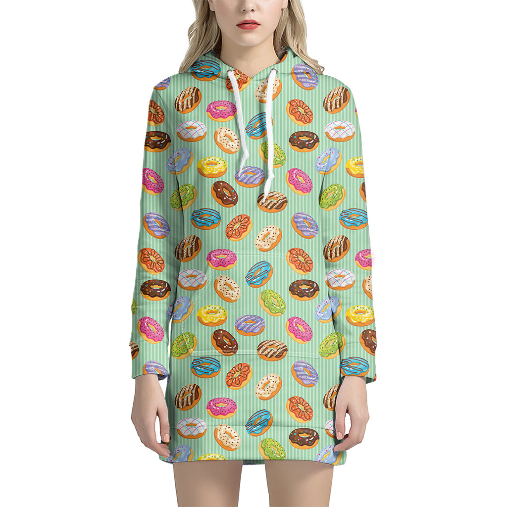 Green Striped Donut Pattern Print Hoodie Dress