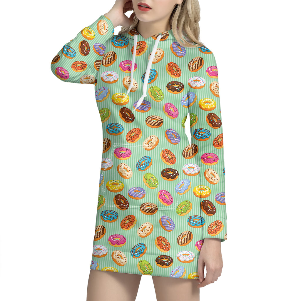 Green Striped Donut Pattern Print Hoodie Dress