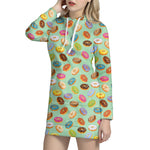 Green Striped Donut Pattern Print Hoodie Dress