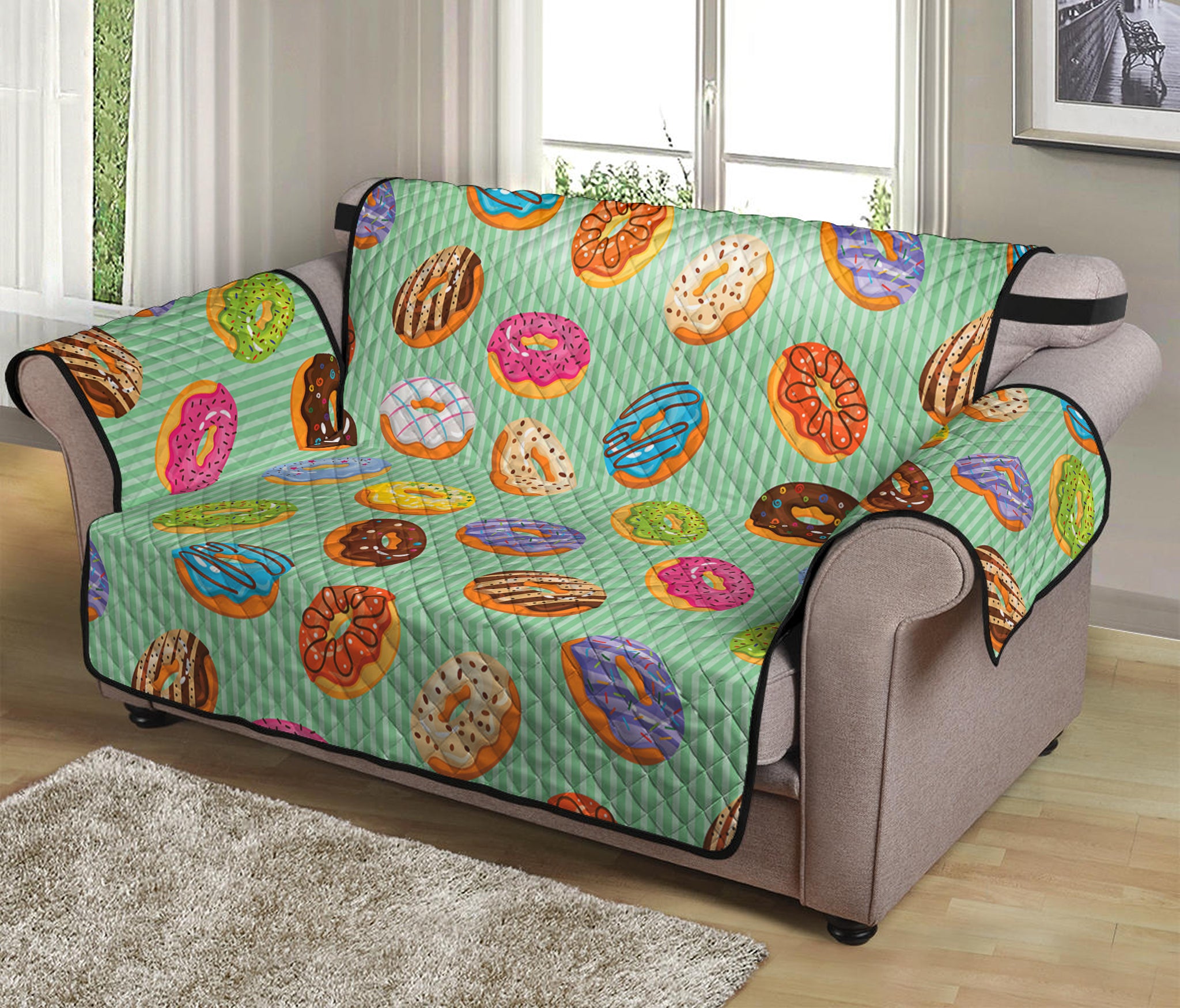 Green Striped Donut Pattern Print Loveseat Protector