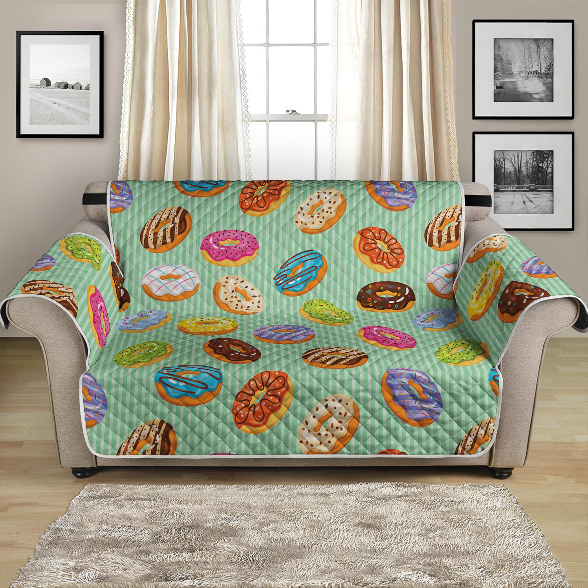 Green Striped Donut Pattern Print Loveseat Protector