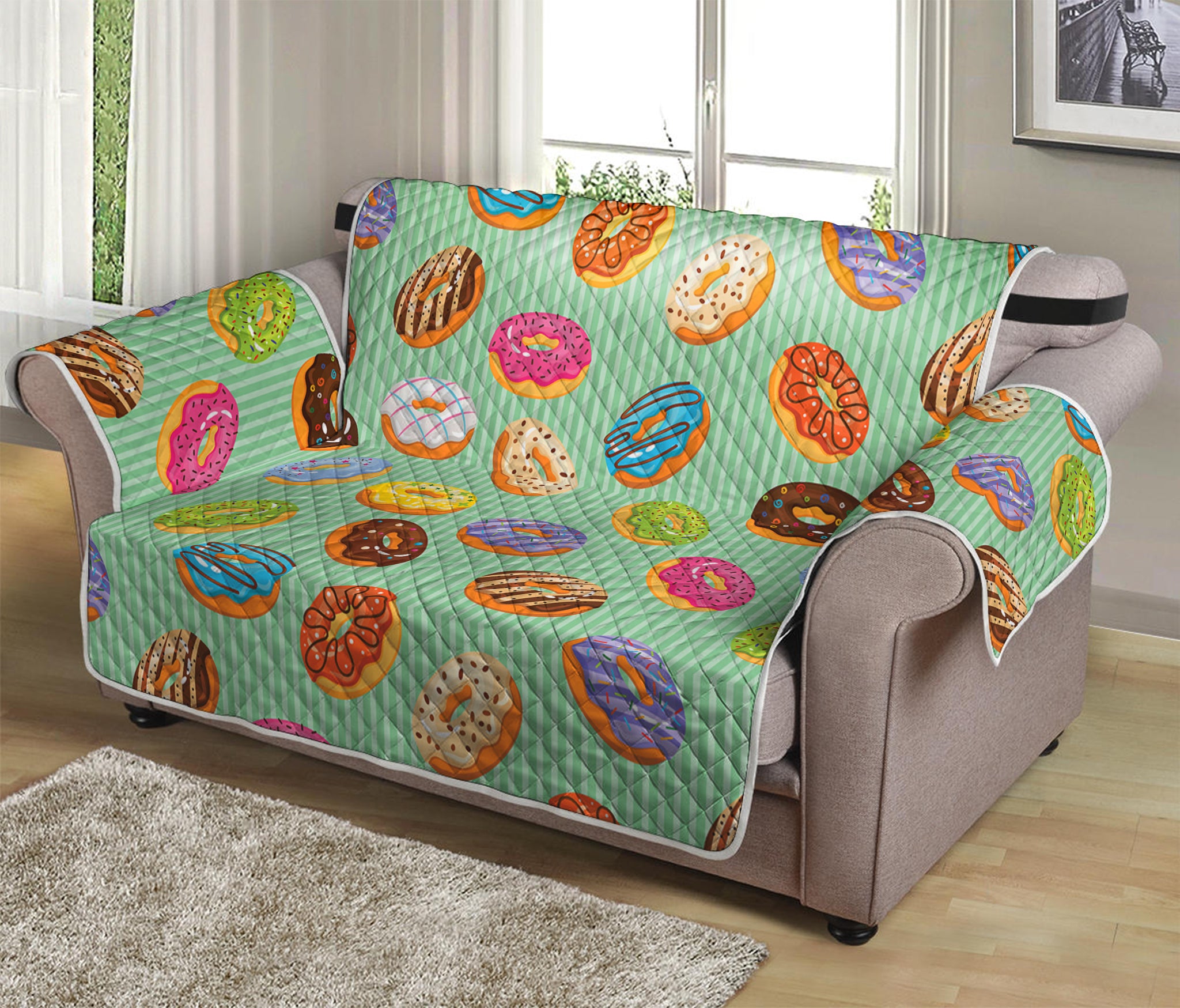 Green Striped Donut Pattern Print Loveseat Protector