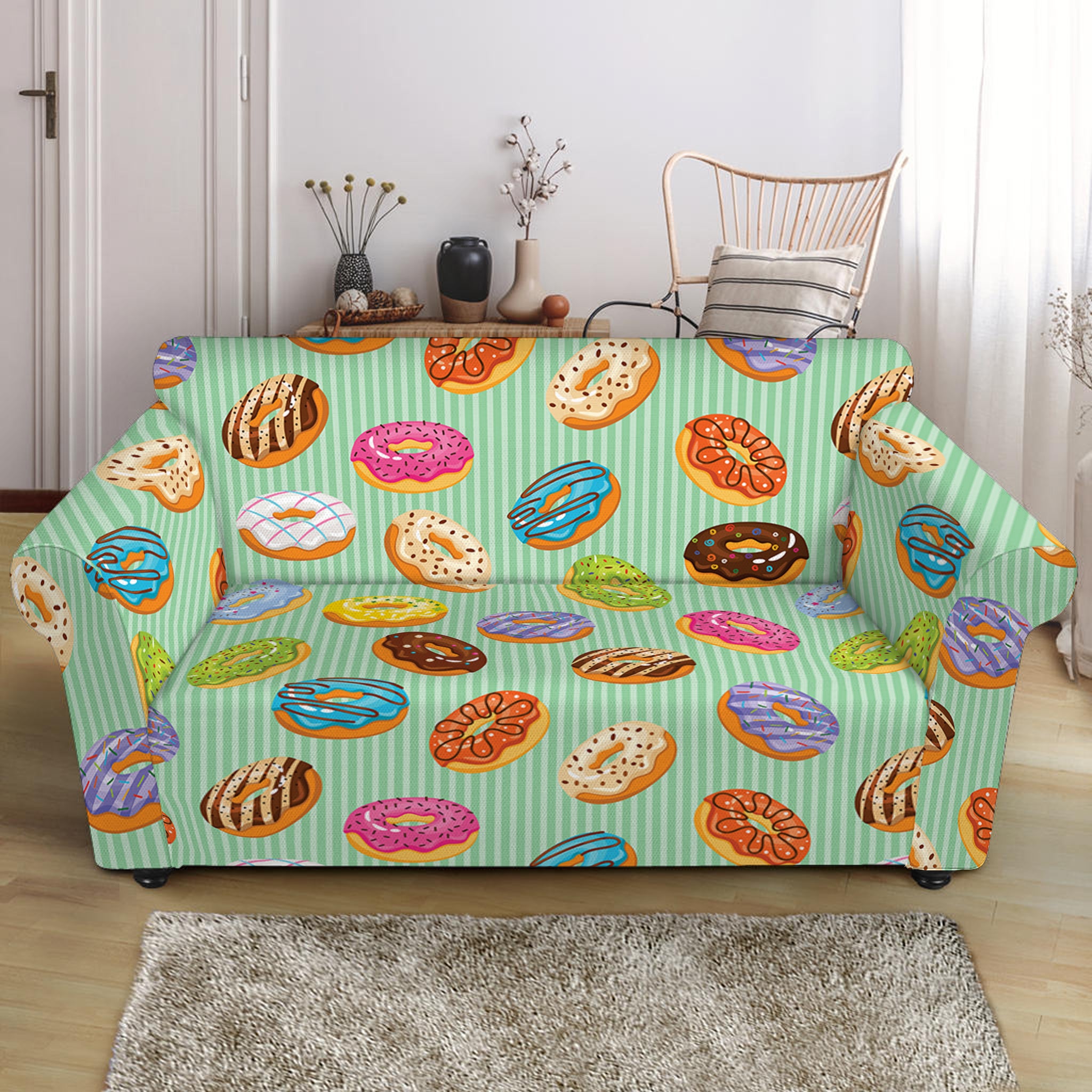 Green Striped Donut Pattern Print Loveseat Slipcover