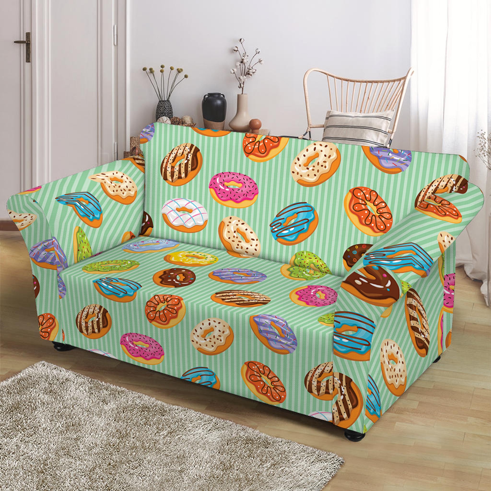 Green Striped Donut Pattern Print Loveseat Slipcover