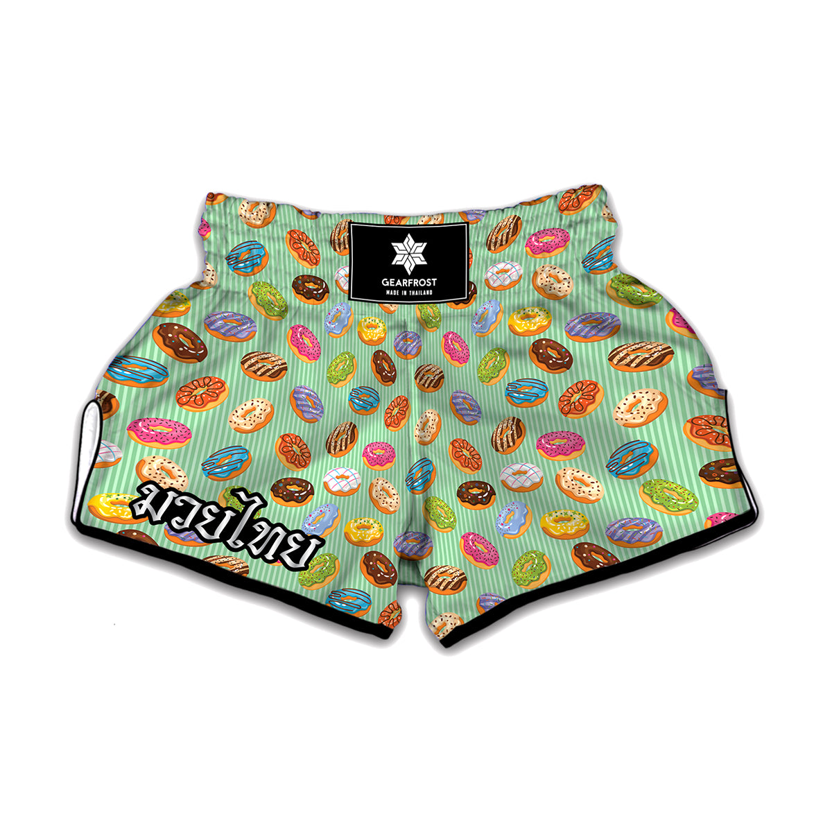 Green Striped Donut Pattern Print Muay Thai Boxing Shorts