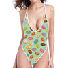 Green Striped Donut Pattern Print One Piece High Cut Swimsuit