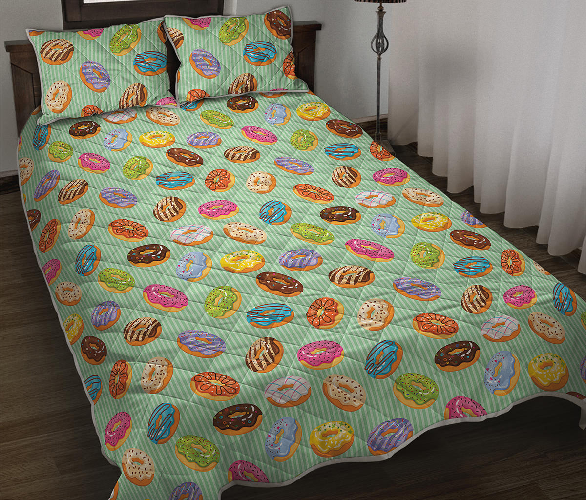 Green Striped Donut Pattern Print Quilt Bed Set