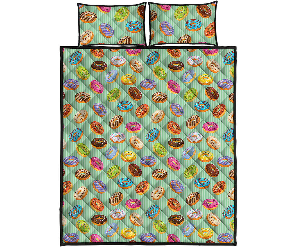 Green Striped Donut Pattern Print Quilt Bed Set