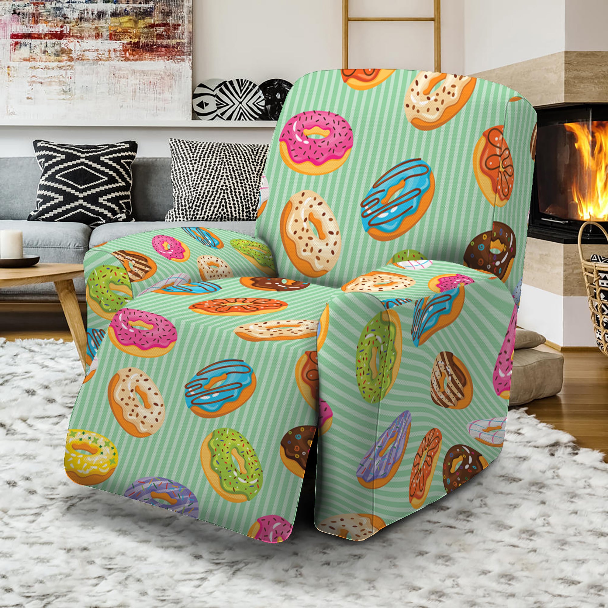 Green Striped Donut Pattern Print Recliner Slipcover