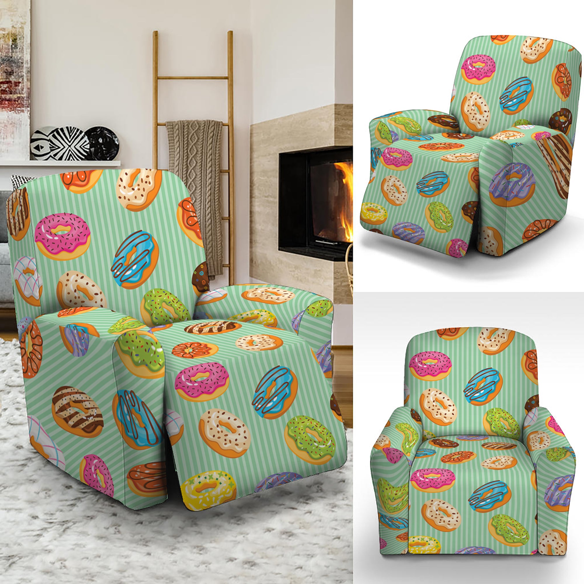 Green Striped Donut Pattern Print Recliner Slipcover