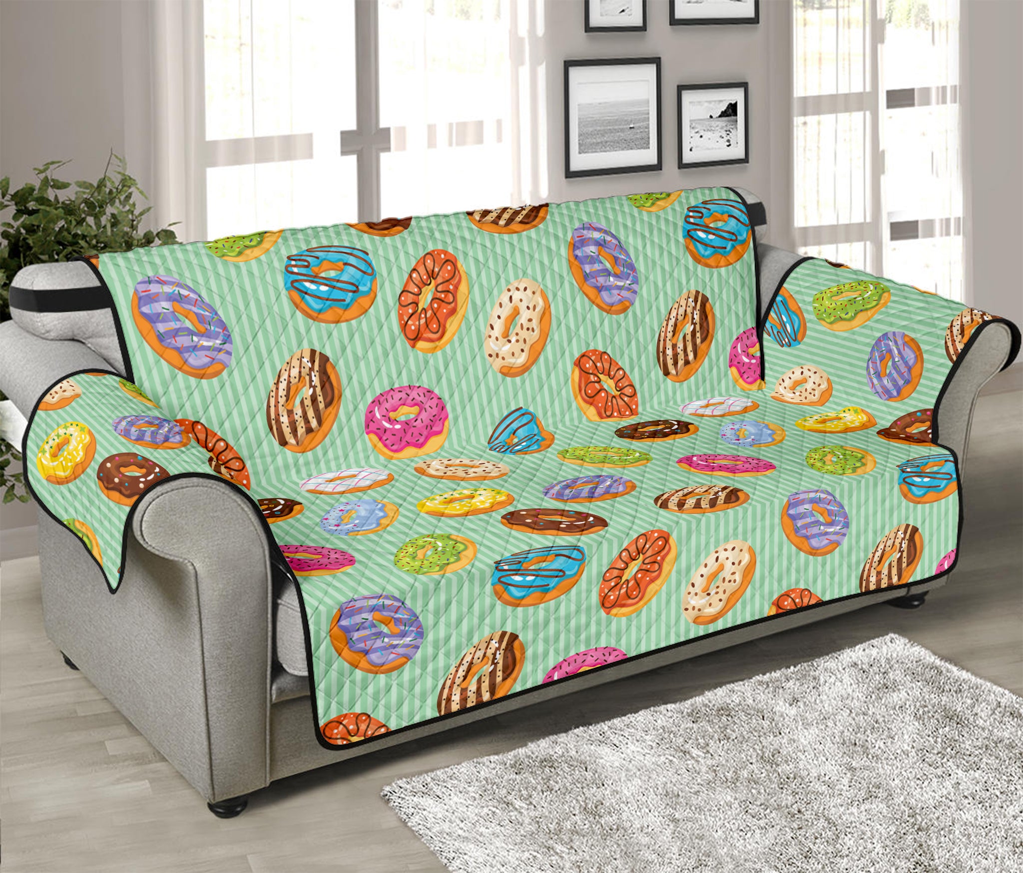 Green Striped Donut Pattern Print Sofa Protector