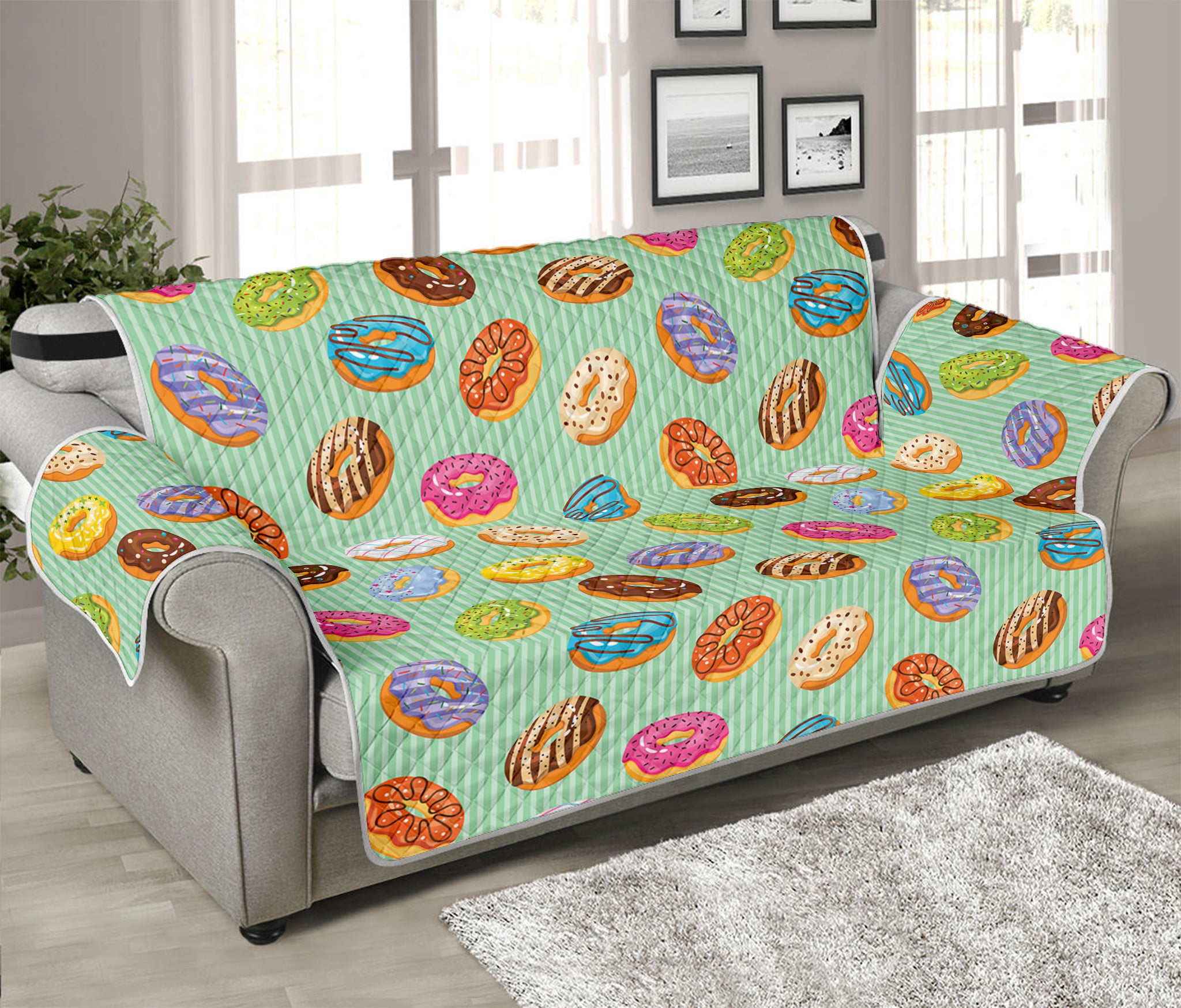 Green Striped Donut Pattern Print Sofa Protector