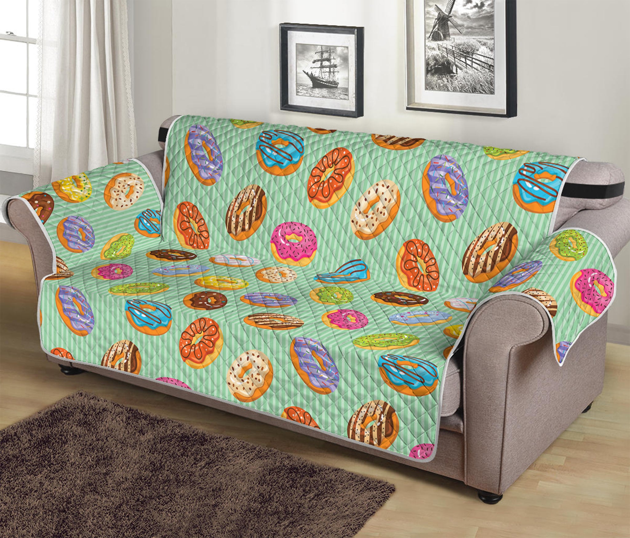 Green Striped Donut Pattern Print Sofa Protector