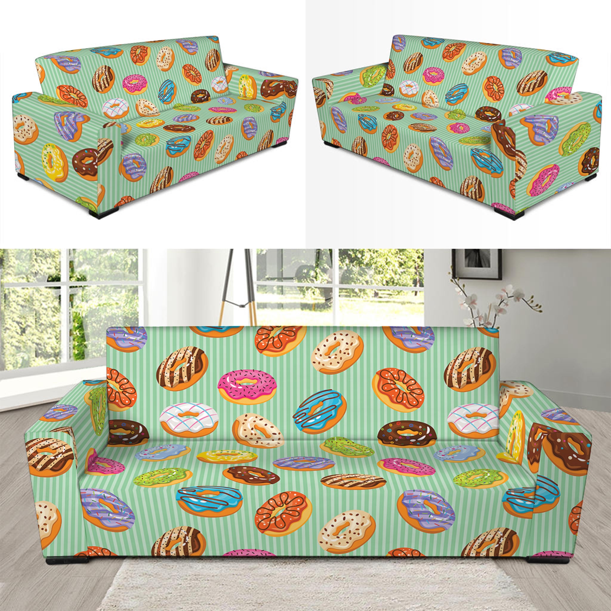 Green Striped Donut Pattern Print Sofa Slipcover