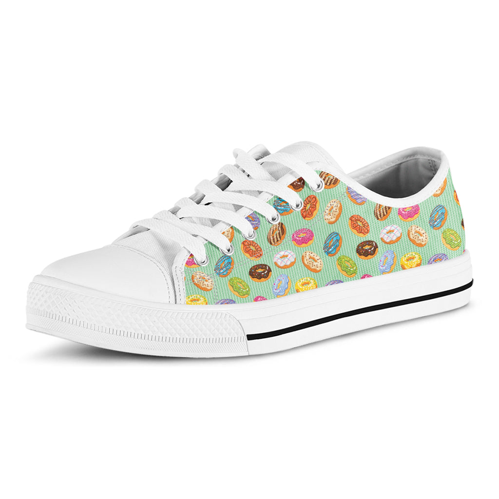 Green Striped Donut Pattern Print White Low Top Shoes