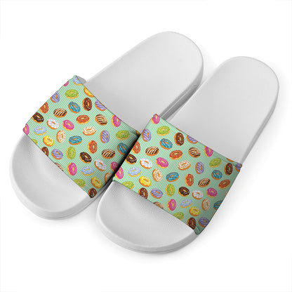 Green Striped Donut Pattern Print White Slide Sandals